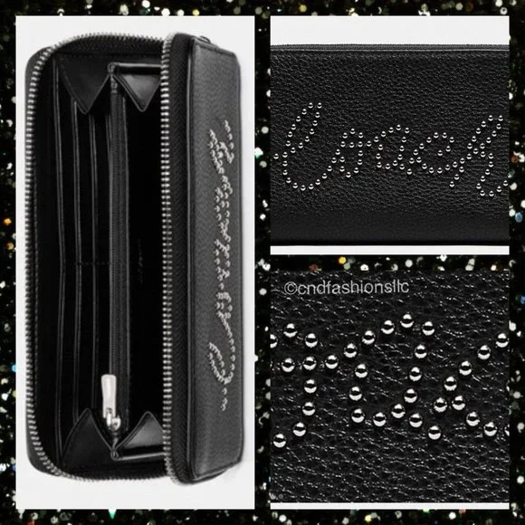 COACH BLACK LEATHER Accordion Zip Wallet w/Studded Coach Script + TISSUE PAPER - Picture 3 of 16